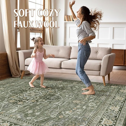 6x9 Area Rug Living Room: Washable Boho Large Neutral Vintage Soft Rug Stain Resistant Farmhouse Non-Slip Indoor Floor Carpet for Bedroom Nursery Kids Playroom Office Dining Room Home- Dark Green