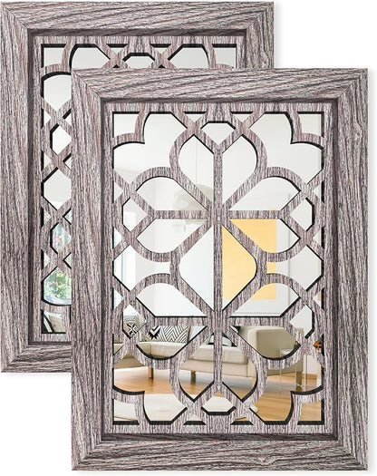 Set of 2 11x15 Inch Rectangular Shatterproof Brown Decorative Wall Mirrors, Boho Farmhouse Rustic Vintage Accent Mirrors for Living Room Bedroom Entryway & Home Decor