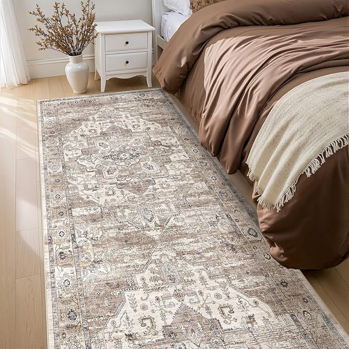 3x8 Washable Runner Rug :Hallway Runner with Non Slip Backing Farmhouse for Bedroom Bathroom Living Room Rug Vintage Large Soft Entryway for Kitchen Laundry Room Stain Resistant Carpet-Tea Brown