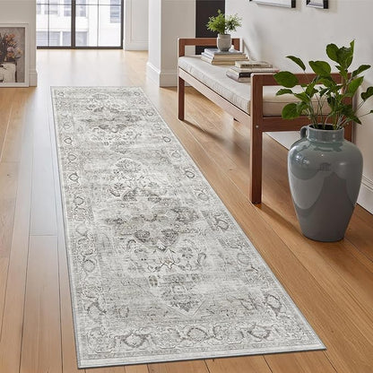 Hallway Washable 2.6x8 Runner Rug - Kitchen Rugs with Non Slip Backing Vintage Soft Farmhouse Entryway Mat for Living Room Laundry Bedroom Bathroom Ivory/Gray