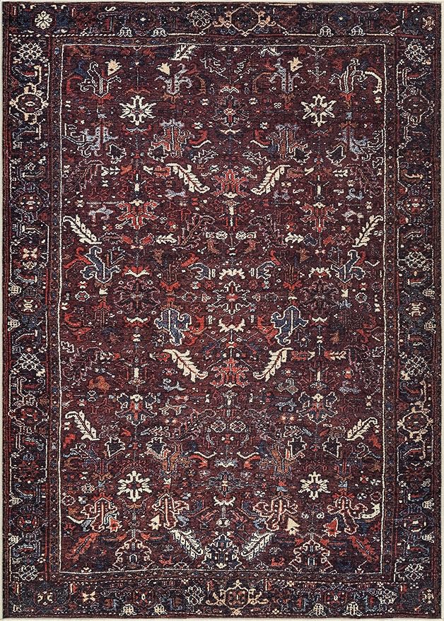 Bloom Rugs Washable Non-Slip 6' x 9' Rug - Burgundy Traditional Bordered Area Rug for Living Room, Bedroom, Dining Room, and Kitchen - Exact Size: 6' x 9'