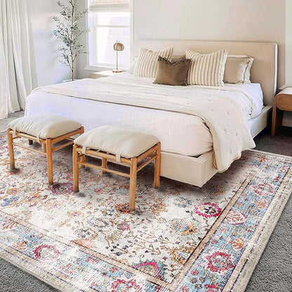 CHAMPLANT Washable Area Rug Vintage 6'x9' Light Traditional Floor Cover Thin Rug Retro Kitchen Indoor Distressed Non Slip Carpet Floral Print Mat Living Room Bedroom Dining Room