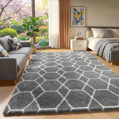 ONASAR Area Rugs for Bedroom Living Room, 4x6 Fluffy Grey and White Floor Rug, Shaggy Geometric Soft Plush Fuzzy Carpet for Nursery Teen Playroom Dorm Office Home Decor Aesthetic