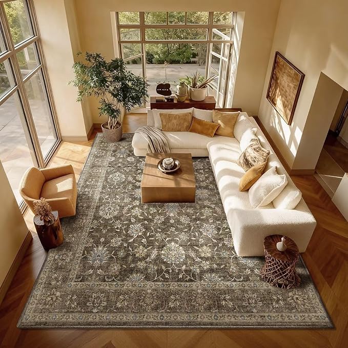 Washable 8x10 Area Rugs for Living Room, Boho Non-Slip Vintage Distress Large Rugs for Bedroom Dining Room Nursery Office, 0.3" Neutral Oriental Throw Thin Carpet, Tan/Flaxen/Multi, E2