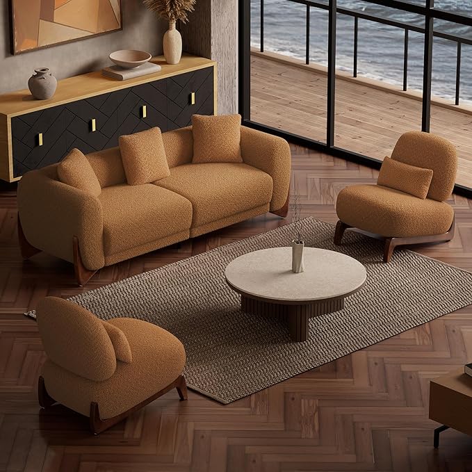 Morden Fort 3 Piece Boucle Sofa Set, Modern Upholstered Couches Sofas Set Durable Comfy Boucle Pet-Friendly, 2 Armless Chairs & 3-Seater Sofa Sets for Living Room Bedroom Apartment, Toffee Orange