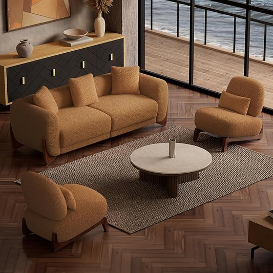Morden Fort 3 Piece Boucle Sofa Set, Modern Upholstered Couches Sofas Set Durable Comfy Boucle Pet-Friendly, 2 Armless Chairs & 3-Seater Sofa Sets for Living Room Bedroom Apartment, Toffee Orange
