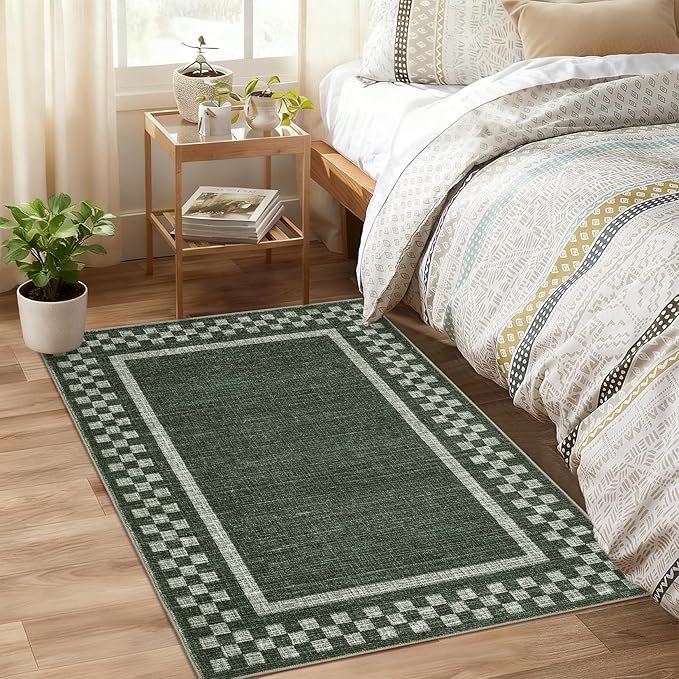 Small Area Rug 2x3 Modern Checkered Entry Rug Solid Color Scalloped Kitchen Rugs Washable Bedroom Doormat Non Slip Stain Resistant Bordered Throw Carpet for Living Room Nursery Laundry, Green
