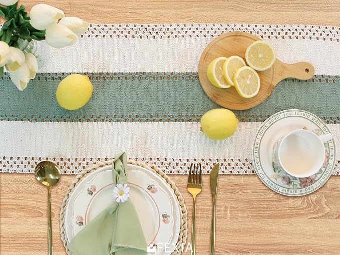 FEXIA Sage Green Table Runner 90 Inches Long with Tassels Boho for Summer Home Decor Rustic Macrame Farmhouse Table Cover for Wedding Party Bohemian Bridal Shower Dining Decorations(12x90 Inches)