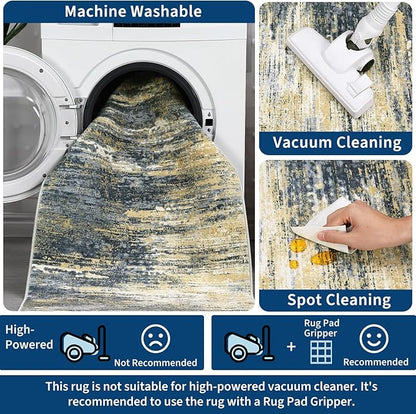 ROYHOME Washable Rug 5x7 Abstract Area Rug for Living Room, Non Slip Foldable Soft Rugs for Bedroom, Stain Resistant Rugs Modern Fuzzy Rug, Indoor Carpet for Entryway Home, Yellow/Black