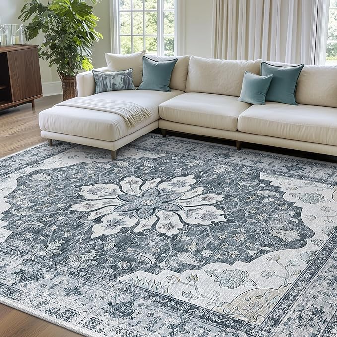 RELEANY Area Rugs 7'x10' Washable Non-Slip, Floral Vintage Distress Print Pattern Medallion Carpet for Living Room Bedroom Dining Room, Light Gray Grey White