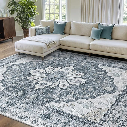 RELEANY Area Rugs 8'x10' Washable Non-Slip, Floral Vintage Distress Print Pattern Medallion Carpet for Living Room Bedroom Dining Room, Light Gray Grey White