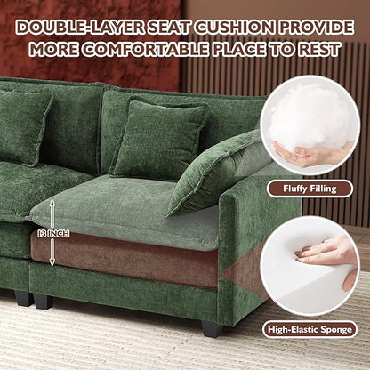 Ihanherry 146" U-Shaped Modern Sofa Modular Sectional Cloud Couch with 2 Ottoman, 6-Seat Chenille Deep Seat Sofa with 6 Pillows for Living Room, Bedroom and Apartment, Green