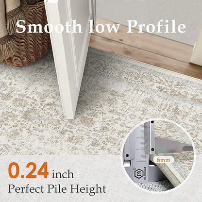 PureCozy Taupe Area Rug 6x9 Machine Washable Vintage Living Room Distressed Non Slip Carpet Traditional Indoor Bedroom Retro Floral Accent Throw Large Rug for Office Kitchen Dining Room