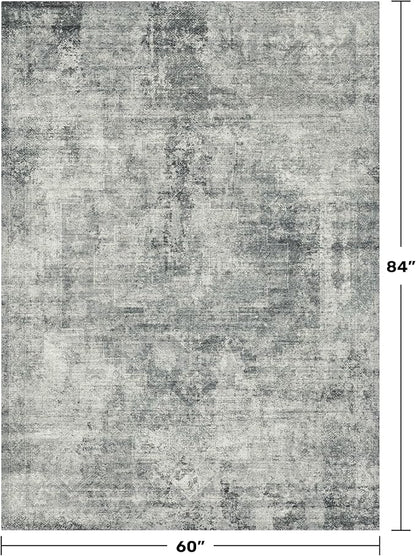 Hazo Haus Blue and Grey Abstract 5x7 Living Room Rug, Washable Area Rug with Non-Slip Backing, Soft Low Pile Rug for Bedroom & Office, Modern Medallion Design