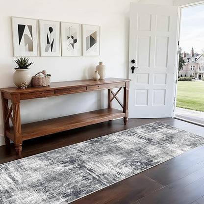 Grey Runner Rugs for Hallway: Abstract Washable Runner Rug 2x10 for Entryway Kitchen Bedroom Bathroom - Modern Cozy Home Decor Long Carpet Mat Stain-Resistant - Dark Grey