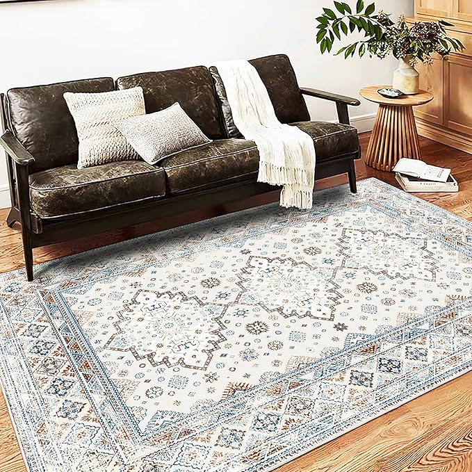 CHAMPLANT Washable Area Rug 5x7 Retro Boho Chic Medallion Distressed Design for Living Room Indoor Non-Slip Large Oriental Accent Throw Rug for Kitchen Entryway Bedroom Office Rug