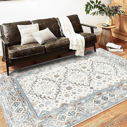 CHAMPLANT Washable Area Rug 5x7 Retro Boho Chic Medallion Distressed Design for Living Room Indoor Non-Slip Large Oriental Accent Throw Rug for Kitchen Entryway Bedroom Office Rug