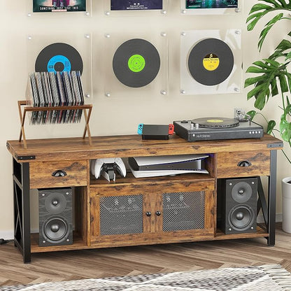 TV Stand for TV up to 55 Inches,Farmhouse Entertainment Center with 2 Drawers & Storage Cabinets, Industrial Media Console Table with Small Speaker Stand for Living Room, Bedroom, Rustic Brown
