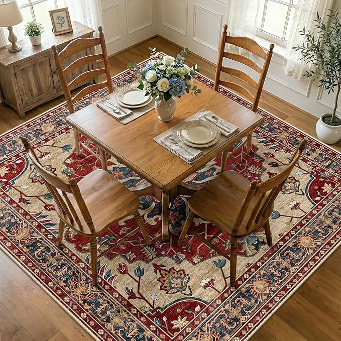 RELEANY Area Rugs Square 8ft Washable Non-Slip, Floral Vintage Distress Print Pattern Medallion Carpet for Living Room Bedroom Dining Room, Red Blue