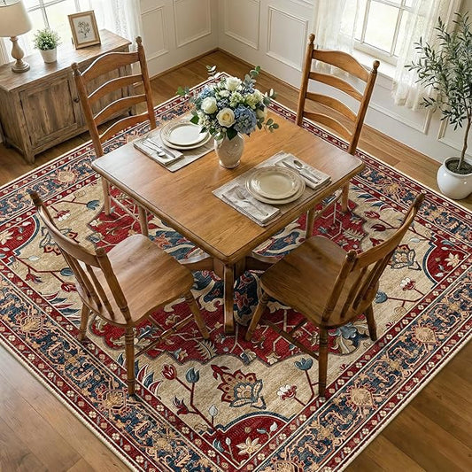 RELEANY Area Rugs Square 8ft Washable Non-Slip, Floral Vintage Distress Print Pattern Medallion Carpet for Living Room Bedroom Dining Room, Red Blue