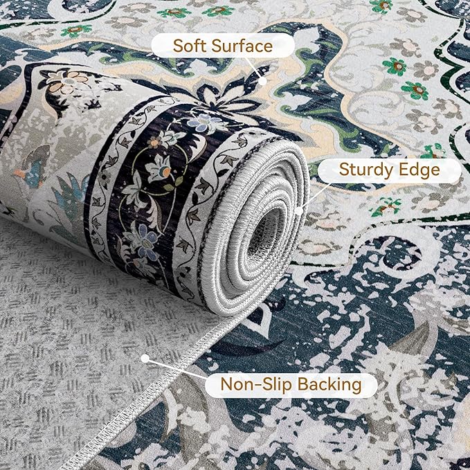 RUSHUFFY 5x7 Washable Area Rugs for Bedroom, Vintage Boho Distressed Print Pattern Rugs for Living Room, Soft Non-Slip Carpet for Indoor Dining Room Nursery Farmhouse Girls Room, Slate Blue & Beige