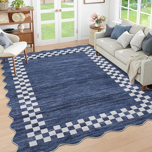 Small Bedroom Area Rug 3x5 Checkered Area Rug for Living Room Nursery Non Slip Kitchen Throw Carpet Low Pile Modern Bordered Rugs Washable Bathroom Mat Soft Brown Rugs for Laundry Entryway, Blue