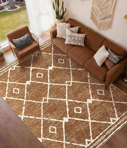 YIHOUSE Western Rugs for Living Room, 8x10 Moroccan Area Rug, Aztec Burnt Orange Large Rug, Southwestern Soft Low-Pile Washable Rugs for Bedroom, Dining Room