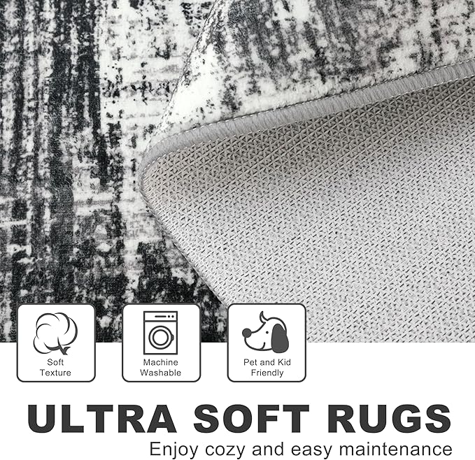 KILOCOCO Abstract Area Rug 3x5 Entryway Rug Washable Kitchen Rugs Non Slip Soft Pinted Entrance Rugs Indoor Mat for Front Door Foyer Farmhouse Living Room Floor Carpet, Black/Grey