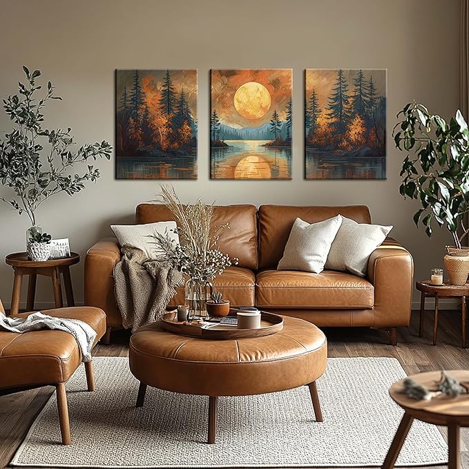 Framed Gold Mountain Forest Sunset Landscape Wall Art Set of 3, Abstract Boho Lakeside Forest Sunset Wall Decor, Vintage Nature Landscape Canvas Prints Poster for Living Room Bedroom Office 16x24 Inch