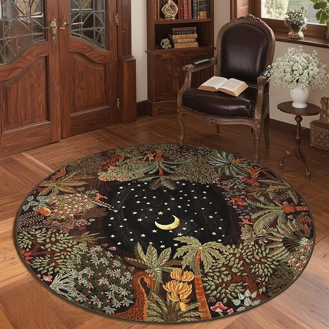 GarveeHome Round Area Rugs 5ft for Bedroom, Brown Jungle Washable Circle Rug Soft Non Slip Forest Animal Print Floor Mat Tiger Carpet Indoor Thin Rug for Kids Room Dining Room Playroom Nursery