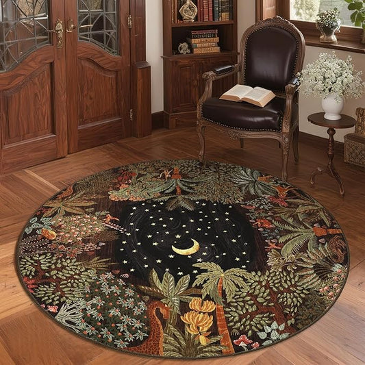 GarveeHome Round Area Rugs 5ft for Bedroom, Brown Jungle Washable Circle Rug Soft Non Slip Forest Animal Print Floor Mat Tiger Carpet Indoor Thin Rug for Kids Room Dining Room Playroom Nursery