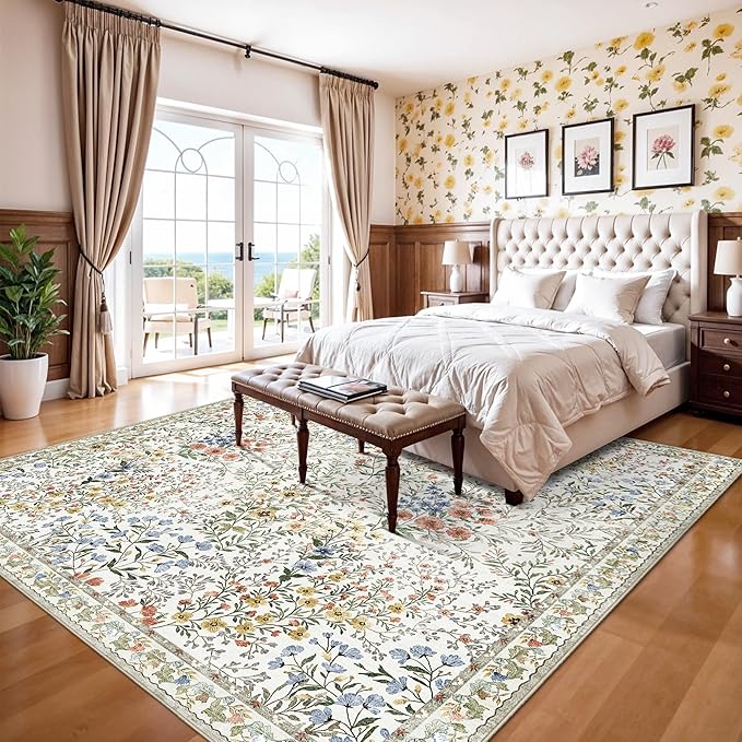 10x10 Square Area Rug Living Room: Boho Floral Washable Mat for Dining Room Bedroom Office High Traffic Area Soft Non Slip Low Pile Indoor Carpet for Vintage Farmhouse Home Decor (10ft Square, Beige)