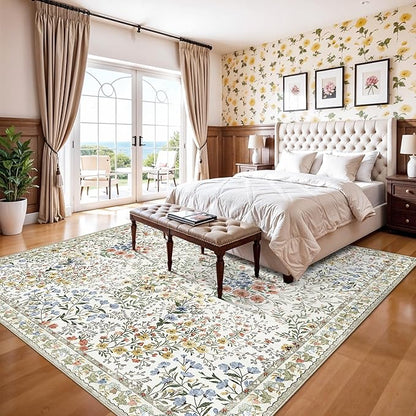 10x10 Square Area Rug Living Room: Boho Floral Washable Mat for Dining Room Bedroom Office High Traffic Area Soft Non Slip Low Pile Indoor Carpet for Vintage Farmhouse Home Decor (10ft Square, Beige)