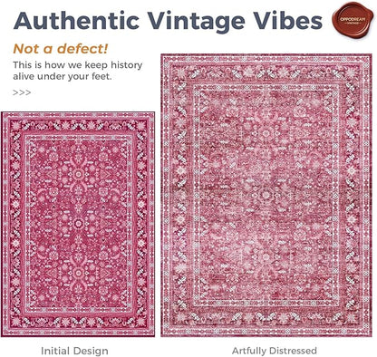 OPPODREAM Vintage Hot Pink 2x10 Runner Rug, 2 x 10 Retro Washable Rug Non Slip, Low-Pile Faux Wool Carpet, Distressed Floor Mat for Kitchen, Hallway, Entry-Way, Entrance, Indoor Back Door