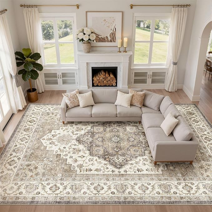 10x14 Area Rugs Living Room: Washable Boho Large Neutral Vintage Soft Rug Stain Resistant Farmhouse Non Slip Indoor Floor Carpet for Bedroom Nursery Kids Playroom Office Dining Room Home Decor- Brown