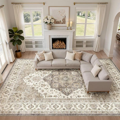 10x14 Area Rugs Living Room: Washable Boho Large Neutral Vintage Soft Rug Stain Resistant Farmhouse Non Slip Indoor Floor Carpet for Bedroom Nursery Kids Playroom Office Dining Room Home Decor- Brown