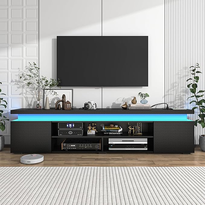 Hlivelood LED TV Stand for 95 Inch TV, Modern TV Stand with Power Outlet, TV Console Entertainment Center with Storage and LED Lights for Living Room, Bedroom (83 Inch, Black Carbon Fiber)