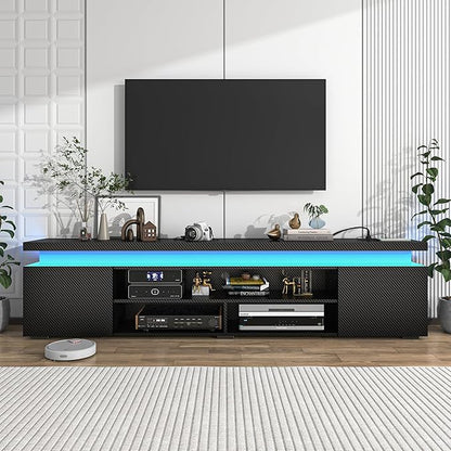 Hlivelood LED TV Stand for 95 Inch TV, Modern TV Stand with Power Outlet, TV Console Entertainment Center with Storage and LED Lights for Living Room, Bedroom (83 Inch, Black Carbon Fiber)
