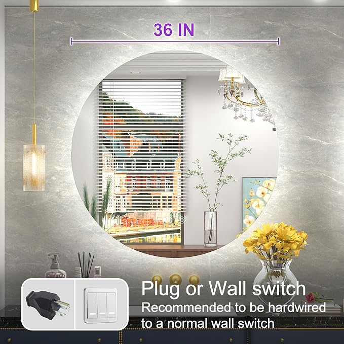 36 Inch Frameless Round LED Bathroom Mirror with Lights, 3 Color Temperatures (3000K/4500K/6000K), Anti-Fog, Dimmable Backlit, Round Vanity Mirror with Lights Wall Mounted