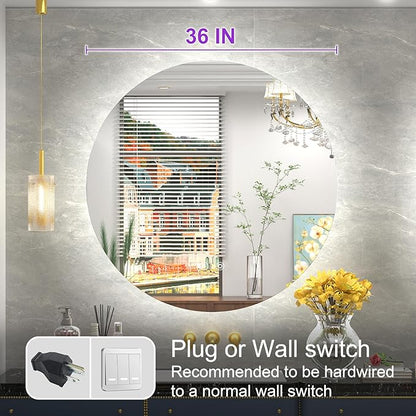 36 Inch Frameless Round LED Bathroom Mirror with Lights, 3 Color Temperatures (3000K/4500K/6000K), Anti-Fog, Dimmable Backlit, Round Vanity Mirror with Lights Wall Mounted