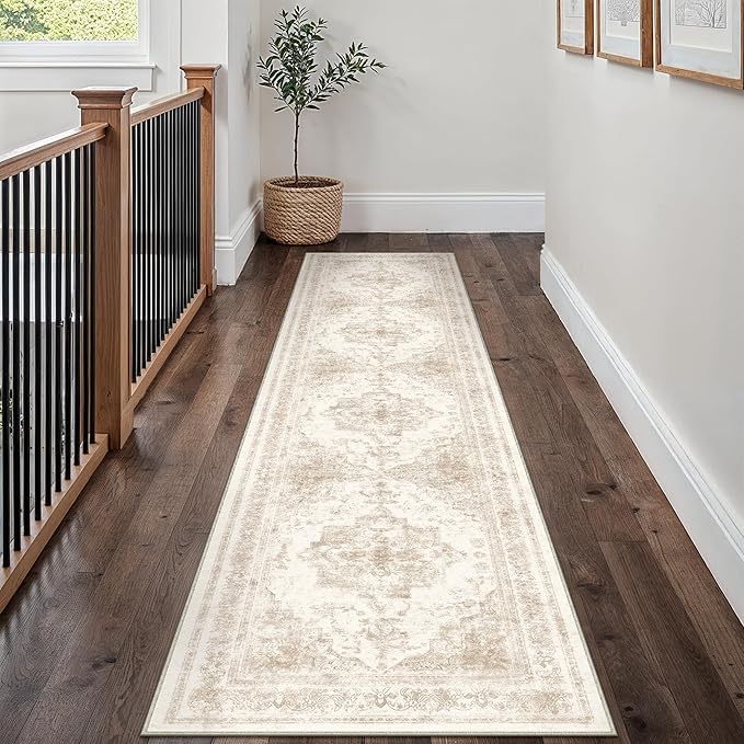 PureCozy Runner Rug 3x10 Cream Hallway Washable Beige Carpet Non Slip Vintage Medallion Beige Carpet Low Pile Soft Distressed Retro Indoor Long Rug for Entryway Kitchen Bathroom Laundry Bedroom
