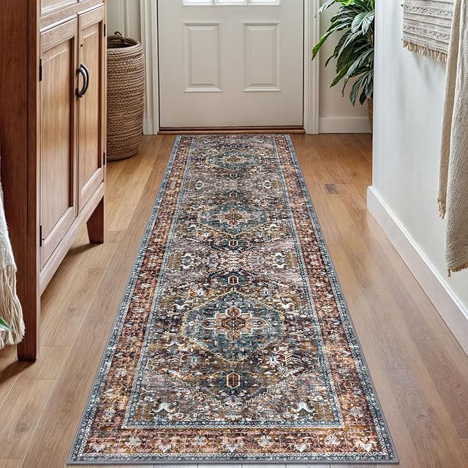 KOZYFLY Runners for Hallways 2x7 Ft Washable Kitchen Runner Rug Boho Runner Rug for Entryway Indoor Printed Oriental Faux Wool Floor Carpet Runner for Bedroom Kitchen Hall, Brick Red/Orange/Green