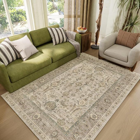 Washable 4x6 Rugs for Living Room, Boho Non-Slip Vintage Distress Small Rugs for Bedroom Nursery Office, 0.3" Neutral Oriental Throw Thin Carpet with Cushioning Pad, Flaxen/Multi, B2