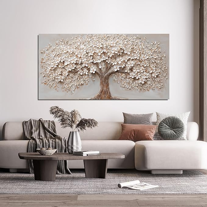 Canvas Wall Art Decor Prints Botanical Wall Art Pictures for Living Room Canvas Art Wall Decor Tree of Life Wall Art Decor Modern Large White Wall Art Prints Artwork for Walls Bedroom Office Decor 24" X 48"