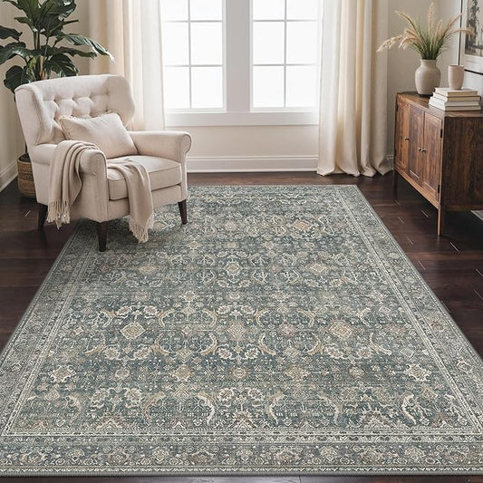 GENIMO 10x14 Area Rugs for Living Room, Machine Washable Non Slip Vintage Rugs, Low Pile Lightweight Chenille Print Rug for Bedroom, Dining Room, Home Office, Deep