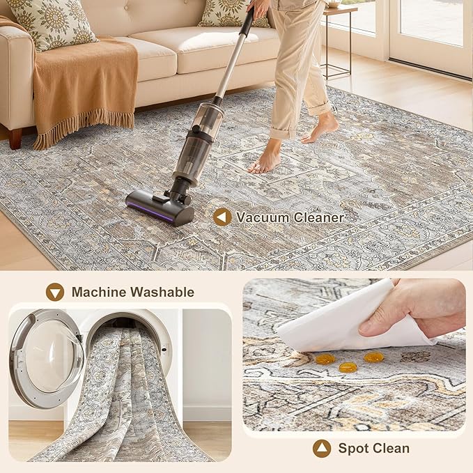 10x12 Washable Area Rugs for Living Room: Non Slip Vintage Brown Gray Rug, Large Soft Stain Resistant Indoor Floor Carpets for Bedroom Dining Room Nursery Home Office Kid & Pet Friendly