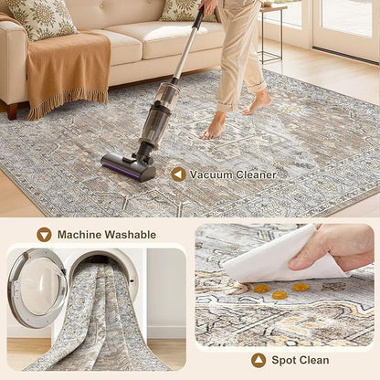 5x7 Washable Area Rugs for Living Room: Non Slip Vintage Brown Gray Rug, Large Soft Stain Resistant Indoor Floor Carpets for Bedroom Dining Room Nursery Home Office Kid & Pet Friendly