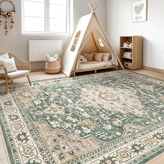 Green Rug Living Room Rugs: 10x12 Washable Boho Large Vintage Soft Stain Resistant Farmhouse Oriental Non Slip Indoor Floor Carpet for Bedroom Nursery Kids Playroom Office Dining Room Home Decor