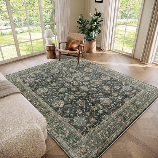 Washable 5x7 Area Rugs for Living Room, Boho Non-Slip Vintage Rugs for Bedroom Dining Room Nursery Office, 0.3" Neutral Oriental Throw Thin Carpet with Cushioning Pad, Sage Green/Multi, E1