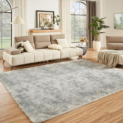 Floralux 9x12 Living Room Rug, Tie-Dyed Light Grey, Large Shag Bedroom Rugs, Soft Fluffy Shaggy Carpets